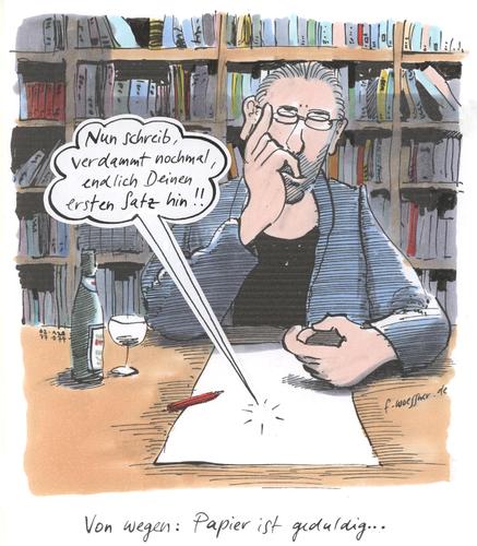 Cartoon: papier geduldig (medium) by woessner tagged dichterprobleme,papier,geduldig,schriftsteller,sprache,literatur,buchmesse