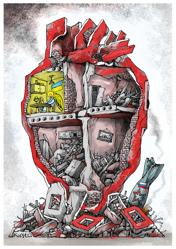 Cartoon: Heart UA (medium) by kusto tagged russia,ukraine,war,terror,killing,children,bombing,russia,ukraine,war,terror,killing,children,bombing