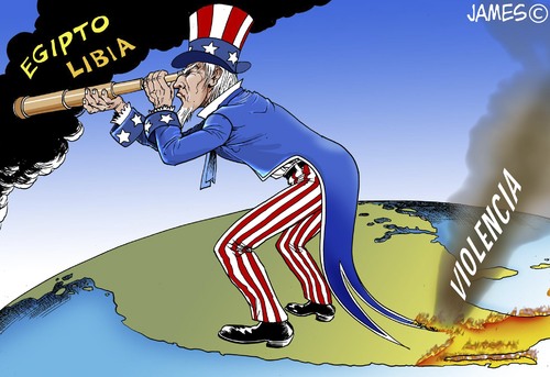 Cartoon: Prioridades (medium) by JAMEScartoons tagged tio,sam,estados,unidos,mexico,libia,violencia,caricatura