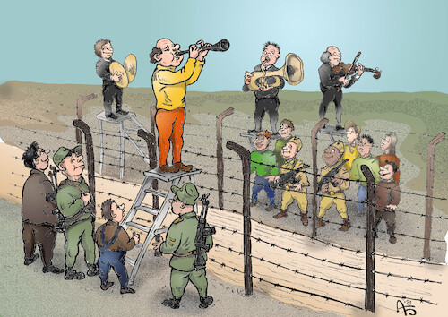 Cartoon: An der Grenze (medium) by Back tagged eintracht,ruhe,welt,erde,frieden,all,krieg,konflikt