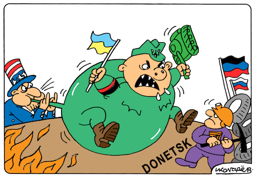 Cartoon: Inflates army (medium) by Colgariovas tagged usa,russia,donbass,donetsk,ukraine,aggression,war,weapons,army,nazis,nationalists,separatists,people,country,independence,russians