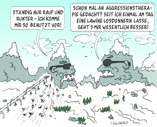 Cartoon: Agressionstherapie (medium) by Thomas Novotny tagged berge,skigebiet,freizeit,sport,urlaub,ski,wintersport,umwelt,zerstörung,gletscherschmelze,lawinen,mensch,natur,klimawandel,tourismus,rücksichtslosigkeit,geröll,felsen