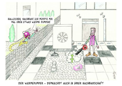 Cartoon: Der Wärmepumper (medium) by Thomas Novotny tagged wärmepumper,wärme,heizung,wärmepumpe,energie,energiewende,energy,heating,armut,pump,poverty,nachbarschaft,neighborhood,energieknappheit,gesetz,law,steingarten,neubau
