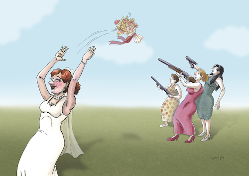 Cartoon: wedding (medium) by hamitgis tagged wedding,bride,bouquet,throwing,flowers,competition,struggle,shotgun,weapon,shooting,hunting,marriage,aggressive,funny,humor,illustration,hamit,hamitgis,gis