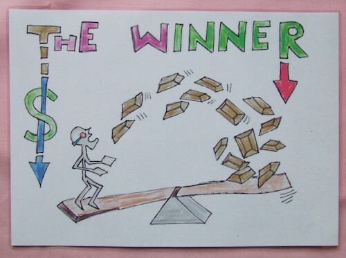 Cartoon: WINNER SINNER GOLD KILL (medium) by skätschup tagged gewinn,verlust,betrug,rechnung,lohn,kosten,fall,fallen