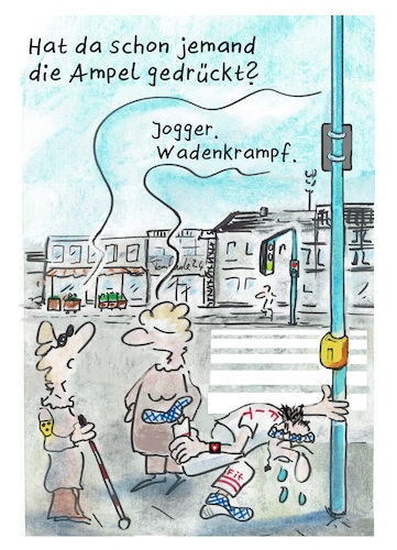 Cartoon: Ampel mal ganz unpolitisch (medium) by TomPauLeser tagged ampel,unpolitisch,fussgänger,übergang,zebrastreifen,ampelanlage,ampellicht,jogger,fit,fitness,fitnessapp,fitnessuhr,smartwatch,kardio,erschöpft,erschöpfung,drücken,drücker,ampeldrücker,blind,blindenstock,blindenbinde,weisser,stock