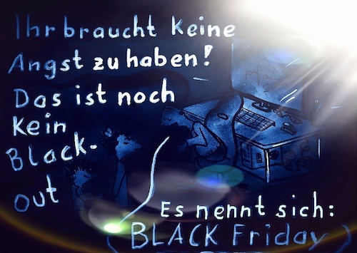 Cartoon: Black Friday (medium) by TomPauLeser tagged black,friday,blackout,computer,shopping,online,internet,kinder,angst,pc