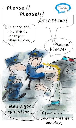 Cartoon: Copycat criminals USA (medium) by TomPauLeser tagged copycat,criminals,but,there,are,no,criminal,charges,against,you,need,good,reputation,if,want,to,become,president,one,day,usa,america,trump,penalty,punishment,prison,sentence,forfeit,police