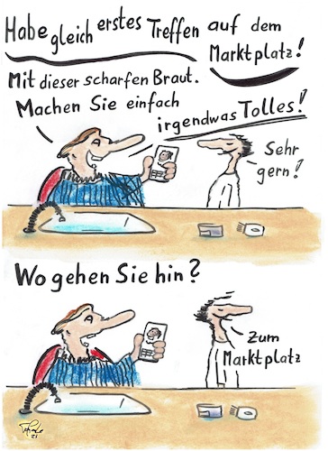 Cartoon: Barbier St.Phan und das Date (medium) by TomPauLeser tagged friseur,barbier,date,marktplatz,frisur,haare,schneiden