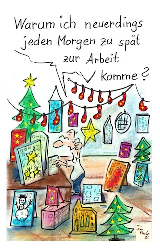 Cartoon: Die Adventzeit startet (medium) by TomPauLeser tagged advent,adventkalender,türchen,öffnen,kalenderzeit,adventkalenderzeit,arbeit,chef,zu,spät,fehlzeit,fehlzeiten,dauert