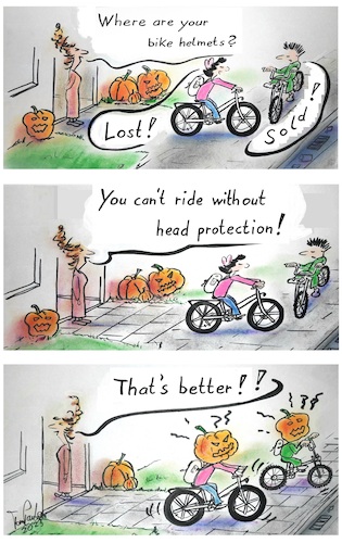 Cartoon: Halloween protection (medium) by TomPauLeser tagged halloween,head,protection,pumkin,helmet,bike,mountainbike,lost,sold