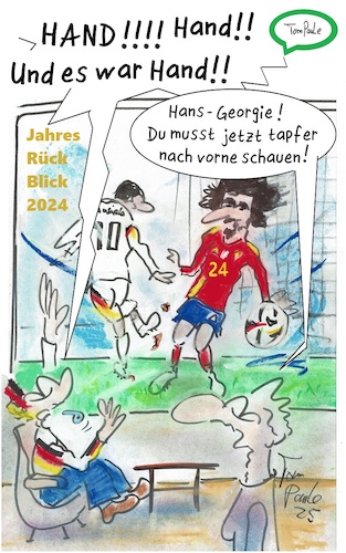 Cartoon: Jahresrückblick 2024 (medium) by TomPauLeser tagged jahresrückblick,musiala,sport,fußball,em,hand,handelfmeter,fehlentscheidung,vifa,schiedsrichter