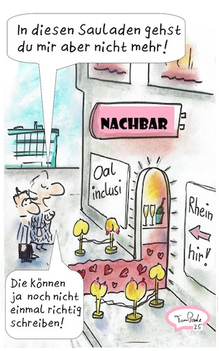 Cartoon: Schreibfehler (medium) by TomPauLeser tagged schreibfehler,sauladen,bordell,nachbar,nachtbar,personenleitsystem,ehefrau,ehemann,puff,bar,nacktbar