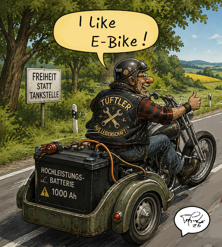 Cartoon: Stromer (medium) by TomPauLeser tagged strom,akku,tüftler,erfinder,chopper,cruiser,motorrad,zweirad,bike,stromer,elektromotorrad