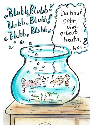 Cartoon: Viel erlebt (medium) by TomPauLeser tagged fische,aquarium,goldfisch,kampffisch,clownfisch,schrank,sideboard,blasen,wasserblasen,luftblasen
