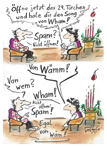 Cartoon: Wham! (medium) by TomPauLeser tagged wham,last,christmas,song,lied,weihnachtslied,weihnachtsschmuck,kerzen,adventkerzen,spam,handy,smartphone,sessel,weihnachtskugel