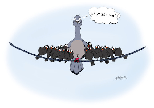 Cartoon: Ich muss mal... (medium) by SandraNabbefeld tagged taube,tauben,vögel,humor,streetlife,toilette,notdurft,pipi