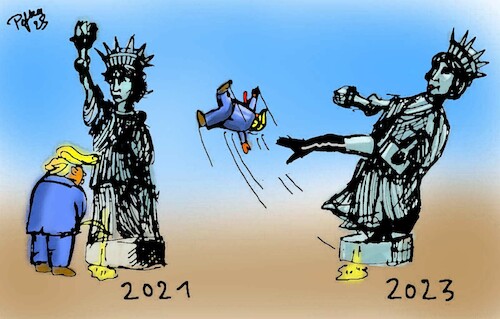 Cartoon: finally (medium) by pefka tagged trump,liberty,lady