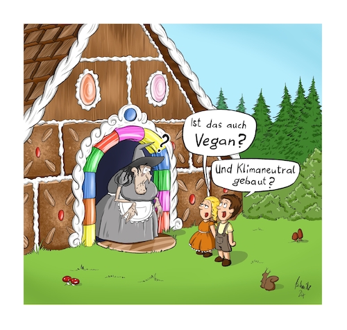 Cartoon: Neulich am Knusperhaus (medium) by Painter tagged märchen,hänsel,gretel,lebkuchenhaus,hexe,eichhörnchen,fichten,wald,bruder,schwester,kinder,süßigkeiten,essen,klima,co2,vegan