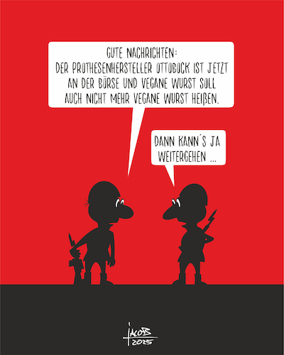 Cartoon: Frontgespräch (medium) by Büro für gehobenen Unfug tagged prothese,krieg,börsengang,ottobock,vegane,wurst