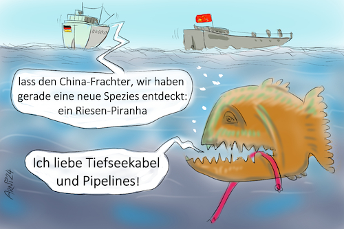 Cartoon: Die Lösung für alle Probleme (medium) by Arni tagged pipeline,daten,kabel,ostsee,politik,china,frachter,fisch,piranha,lösung,probleme