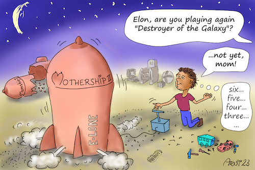 Cartoon: Elons First Steps to Mars (medium) by Arni tagged elon,musk,boy,testing,destroying,destroyer,galaxy,playing,mom,mother,ship,space,rocket,launch,universe,science