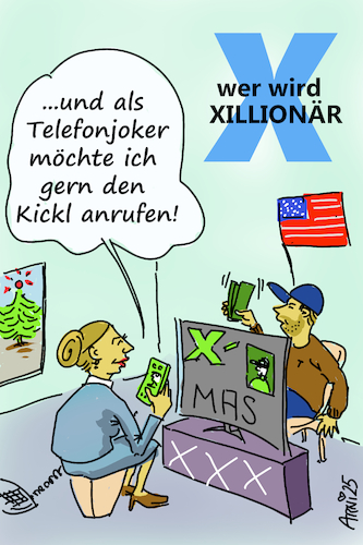 Cartoon: Entstehung neues Medienformat (medium) by Arni tagged medien,format,kickl,alice,weidel,elan,musk,amerika,usa,deutschland,aufregung,hetze,angst,ausgrenzung,afd,einflußnahme,einfluss,twitter,reportage,telefonat,austausch,fragen,antworten,tesla,verfassung,schutz,eu,wächter,wahlen,kritik,telefon,telefonjoker,wer,wird,millionär,lottery