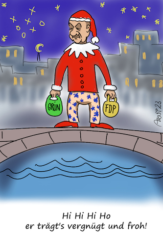 Cartoon: Er trägts vergnügt und froh... (medium) by Arni tagged hi,ho,olaf,scholz,regierung,gründe,spd,fdp,brücke,berlin,zufriedenheit,koalition