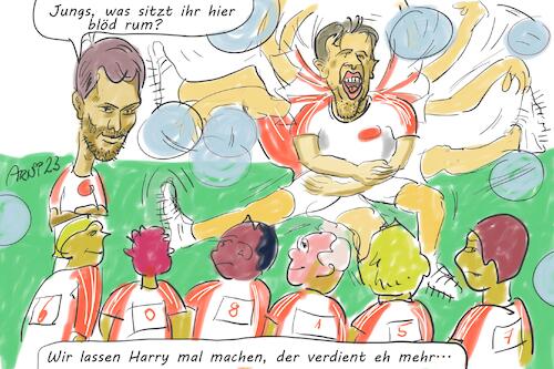 Cartoon: Harry Kane richtets schon... yes (medium) by Arni tagged harry,kane,bayern,fußball,trainer,mannschaft,alleingang,bezahlung,ball,rasen,spielfeld
