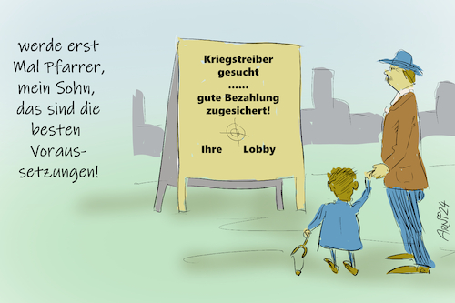 Cartoon: Kriegstreiber gesucht (medium) by Arni tagged pfarrer,pastor,religion,lobby,krieg,rüstung,industrie,abhängigkeiten,lobbyisten,politik,politiker,klerus