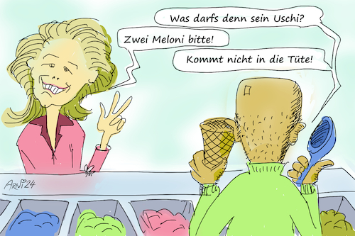 Cartoon: Meloni kommt nicht in die Tüte (medium) by Arni tagged ursula,eu,meloni,pakt,schwenk,wahl,absicherung,rechts,links,politik,entscheidungen,eis,verkaufen,tüte,waffel,eisdiele,parlament,führung,ausbauen