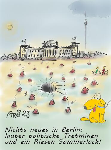 Cartoon: Polit. Tretminen am Sommerloch (medium) by Arni tagged politiker,sommer,sommerloch,berlin,bundesregierung,ministerien,tretminen,verfehlungen,untersuchung,partei,parteien,hund,hunde,hundekacke