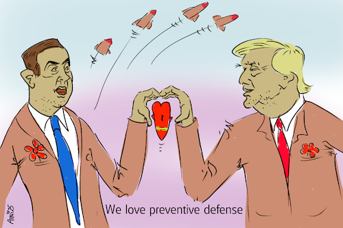 Cartoon: We love preventive defense (medium) by Arni tagged donald,trump,usa,benjamin,netanjahu,israel,war,attack,defense,preventive,eye,decided,bomb,nuclear,donald,trump,usa,benjamin,netanjahu,israel,war,attack,defense,preventive,eye,decided,bomb,nuclear