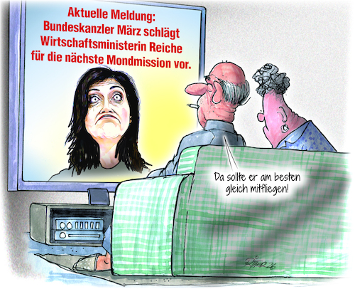 Cartoon: Nächste Mondmission (medium) by Ritter-Cartoons tagged nächste,mondmission,kanzler,merz,und,wirtschaftsministerin,reiche,pressekarikaturen,cartoons,ritterkarikaturen,von,berthold,ritter,nächste,mondmission,kanzler,merz,und,wirtschaftsministerin,reiche,pressekarikaturen,cartoons,ritterkarikaturen,von,berthold,ritter