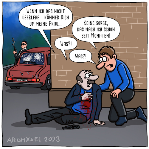 Cartoon: Angeschossen (medium) by Arghxsel tagged polizist,schießerei,freund,verbrecher,ehebruch,eifersucht,pistole,blut