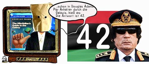 Cartoon: Gaddafi - Per Anhalter (medium) by bong-zeitung tagged gaddafi,douglas,adams,libyen