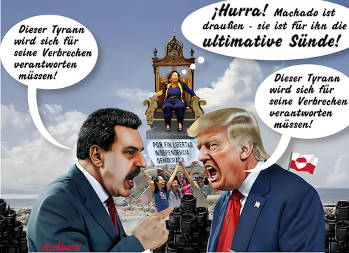 Cartoon: Die ultimative Sünde ... (medium) by MorituruS tagged venezuela,präsident,handschellen,us,drogenbehörde,dea,new,york,nicolas,maduro,ultimative,sünde,maduros,maria,machado,friedensnobelpreis,verbündete,regierung,caracas,air,force,one,donald,trump,vizepräsidentin,interimspräsidentin,delcy,rodriguez,völkerrecht,schweröl,ölreserven,tyrann,demokratie,autokratie,diktatur,cartoon,karikatur,moriturus