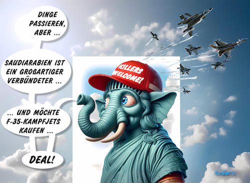 Cartoon: Dinge passieren (medium) by MorituruS tagged us,präsident,donald,trump,treffen,saudi,kronprinz,mohammed,bin,salman,tötung,journalist,kashoggi,militärkapelle,kanonenfeuer,kampfjets,weißes,haus,gute,beziehungen,saudiarabien,f35,golfstaat,israel,normalisierung,rahmenabkommen,zivile,nukleare,zusammenarbeit,technologie,atomwaffen,fäkalien,kot,shit,usa,demonstranten,könig,ki,video,truth,social,faschismus,royal,humour,no,kings,städte,nationalgarde,militär,autokratie,diktator,zone,cartoon,karikatur,moriturus