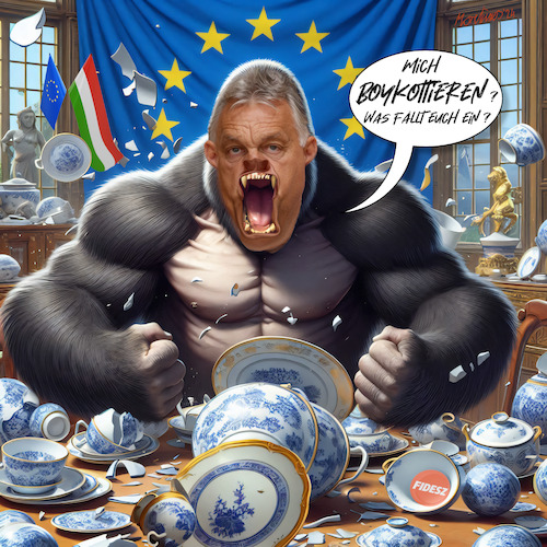 Cartoon: EU-Boykott gegen Orban Gorilla (medium) by MorituruS tagged boykott,ungarn,eu,von,der,leyen,reisen,moskau,peing,regierungschef,ratspräsident,kremlchef,wladimir,putin,china,xi,jinping,friedensmission,ukraine,krieg,ohne,mandat,expräsident,donald,trump,unmut,cartoon,karikatur,moriturus