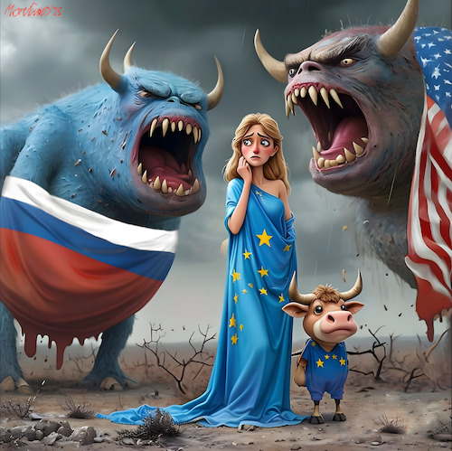 Cartoon: EU ... feeling blue ... BLEU (medium) by MorituruS tagged eu,westen,allianz,nato,nordatlantisches,bündnis,geschwächt,emmanuel,macron,washington,donald,trump,wladimir,putin,rehabilitation,diktatfrieden,frieden,ukraine,usa,amerika,us,präsident,republikaner,zoll,strafzölle,dekrete,abschiebung,deportation,kehrtwende,migration,mexico,tiktok,vorherrschaft,oligarchie,elon,musk,jeff,bezos,mark,zuckerberg,meta,facebook,instagram,project,2025,maga,gop,president,cartoon,karikatur,moriturus,make,america,great,again