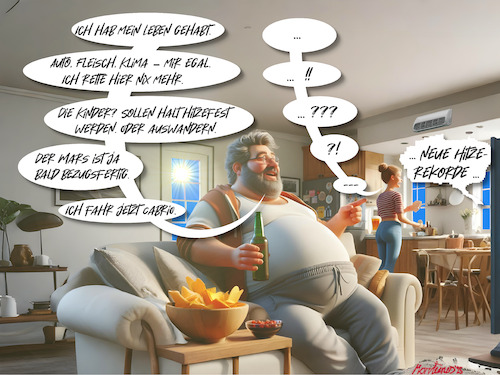Cartoon: Generation Safe Sofa (medium) by MorituruS tagged klimawandel,globale,erwärmung,co2,gen,ältere,generation,sofa,hitzewelle,mittelmeer,kocht,klimakrise,katastrophe,trockenheit,dürre,temperatur,anstieg,club,of,rome,rekordtemperatur,couch,potato,karikatur,cartoon,moriturus