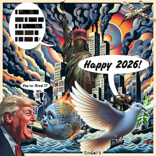 Cartoon: Happy 2026! (medium) by MorituruS tagged happy,new,year,frohes,neues,jahr,2026,frieden,weltfrieden,taube,friedenstaube,gerechtigkeit,demokratie,russland,ukraine,sudan,gaza,drohnen,krieg,putin,trump,selenskyj,cartoon,karikatur,moriturus