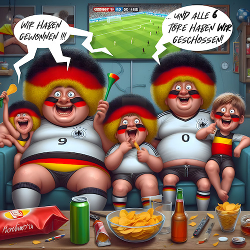 Cartoon: Sommermärchen - ES GEHT LOOOOOS! (medium) by MorituruS tagged fußball,em,eu,sommermärchen,auftaktspiel,deutsche,fußballnationalmannschaft,heim,europameisterschaft,nationalelf,team,bundestrainer,julian,nagelsmann,sieg,münchen,schottland,treffer,dfb,elf,florian,wirtz,jamal,musiala,kai,havertz,niclas,füllkrug,emre,can,nachspielzeit,antonio,rüdiger,eigentor,cartoon,karikatur,moriturus