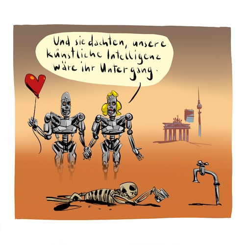 Cartoon: Am Ende (medium) by F L O tagged ki,weltuntergang,dürre,berlin,wasser,roboter,skelett,ki,weltuntergang,dürre,berlin,wasser,roboter,skelett