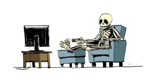 Cartoon: Homo Streamens (medium) by F L O tagged tv,fernsehen,skelett,streaming,tv,fernsehen,skelett,streaming
