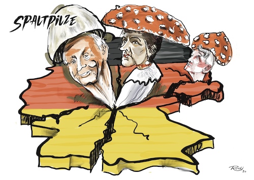 Cartoon: Spaltpilze (medium) by Rudissketchbook tagged oskar,lafontaine,sahra,wagenknecht,björn,höcke,afd,bsw,spaltung,gesellschaft,ampelregierung,extremismus