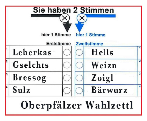 Cartoon: Wahl in Bayern (medium) by Rudissketchbook tagged bayern,oberpfalz,wahl,bundestag,februar,bavaria,miasanmia,qual,der,zoigl,brotzeit,schmankerl