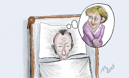 Cartoon: Albtraum? (medium) by SchmidtFineArt tagged merkel,merz,kanzler,kanzlerin,kanzlerfrage,kanzlerkandidatur,kanzlerkandidat,cdu,spd,fdp,grünen,afd,deutschland,demokratie,wahlen,cartoon,kunst,karikatur,zeichnung,politik,europa,art,politiker