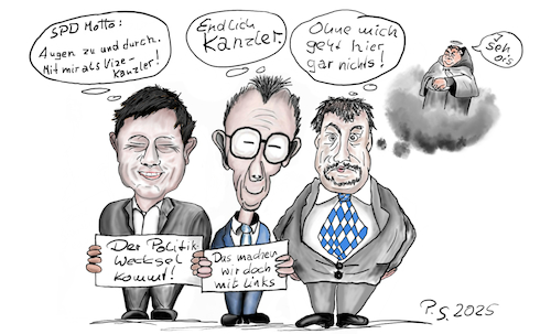 Cartoon: DIE NEUEN ALTEN (medium) by SchmidtFineArt tagged cdu,csu,spd,politik,politiker,deutschland,demokratie,koalition,parteien,partei,humor,union,karikatur,eu,europa,geld,cartoon,art,kunst,illustration,gesellschaft,merz,söder,klingbeil,strauß