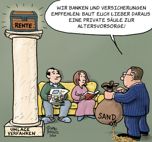 Cartoon: Auf Sand gebaut (medium) by Karl Berger tagged rente,drittesäule,pension,umlageverfahren,kapitaldeckung,gegenreform